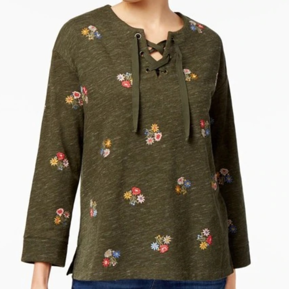 Style & Co Embroidered Lace-Up Top Embroidered C78